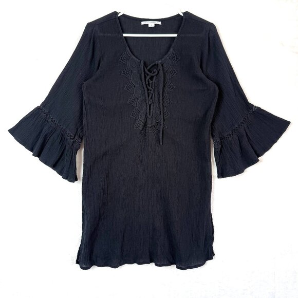 Oneill Saltwater Lace Up Bell Sleeve Front Tie Gauze Cover Up Swim Dress M Black - Picture 1 of 10